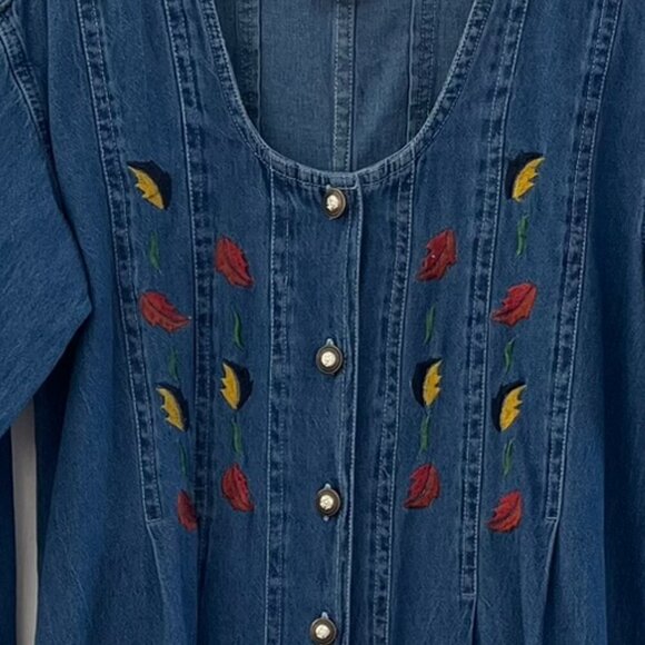 Vintage Jane Ashley Denim Embroider Leave Peasant Farm House Midi Dress Sz LR - Picture 2 of 6
